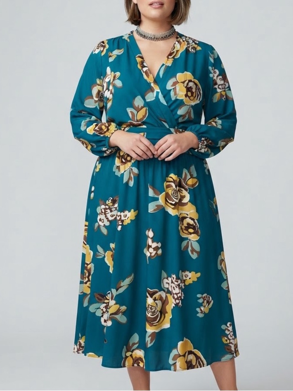 WAYWARD FANCIES eShakti Teal Floral Long Sleeve Dress Yellow Accents est 1X